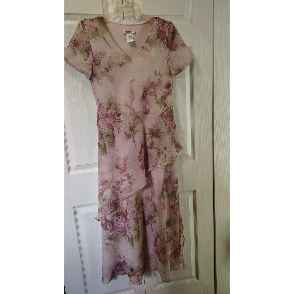 Vtg Miss Dorby Chiffon Layered Floral Maxi Dress Pink Lavender 12 Whimsygoth